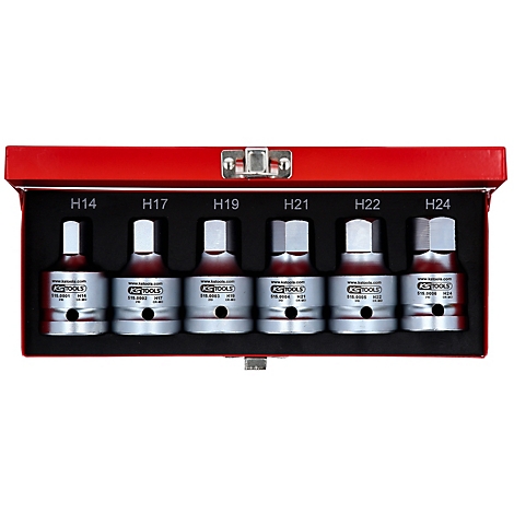 Ein roter Werkzeugkasten mit sechs Inbusschlüsseln verschiedener Größen.